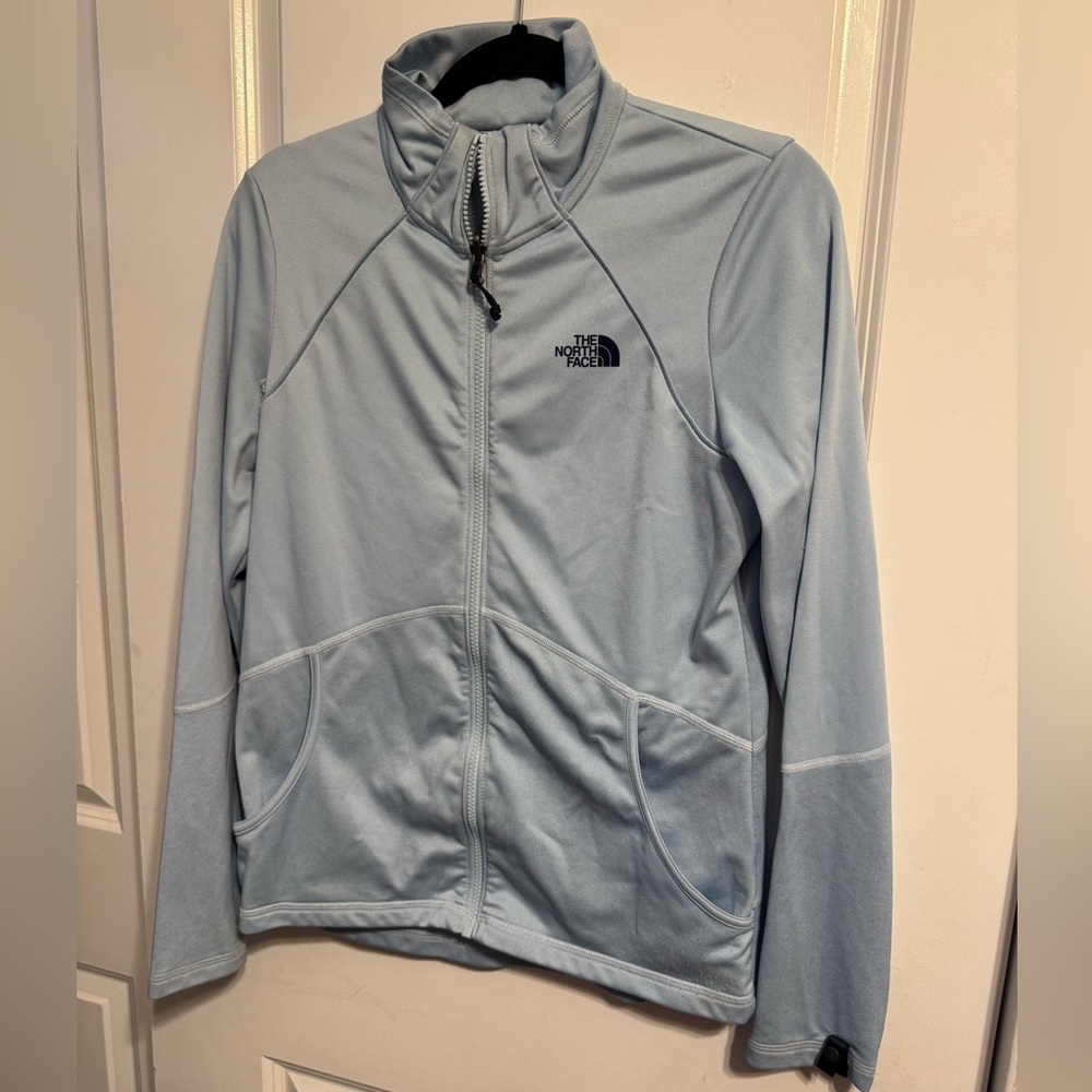 North Face Long Sleeve Short Quarter Zip Light Blue Woman's Size M Sleeve Snaps